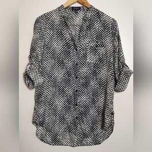 Spense Black and White Button Down Shirt Relaxed Fit Mandarin Collar